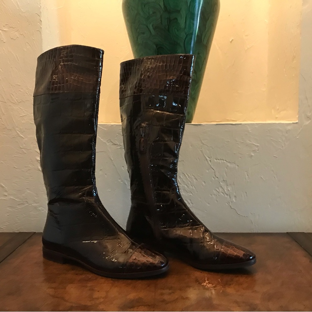 Elegant Brown Crocodile Pattern Knee-High Boots